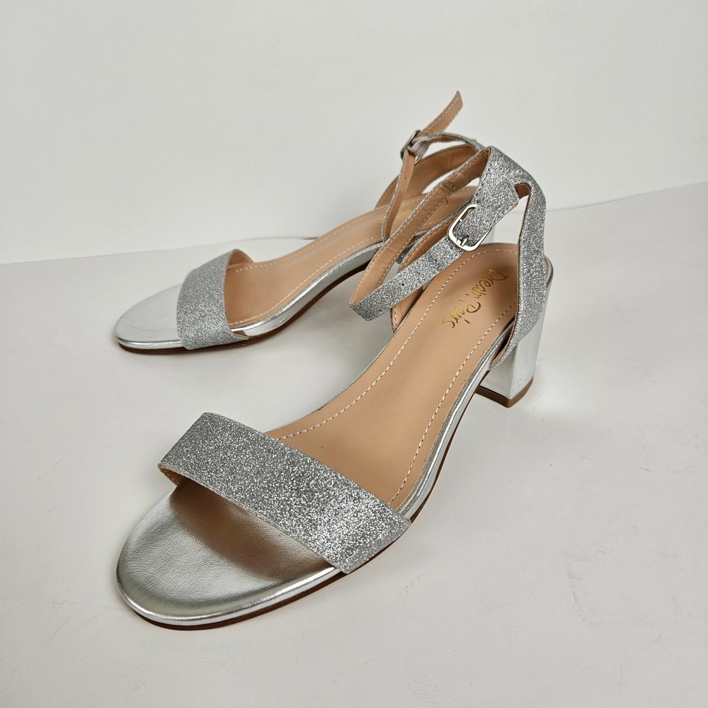 Dream Pairs Silver Glitter Block Heel Ankle Strap Sandals US Women's Size 7